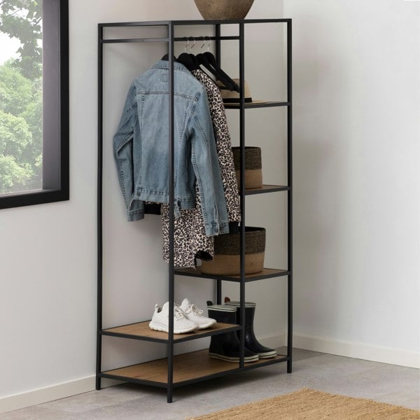 Furniture To Go Seaford Black Metal Clothes Rack with 5 Oak Shelves
