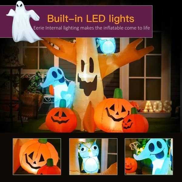 Inflatable Halloween ghost owl tree decoration with built-in LED lights and pumpkins
