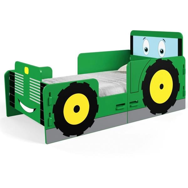 Green and yellow toddler bed at an angle. It shows how the tractor graphics look on the footboard, right side and headboard panels.