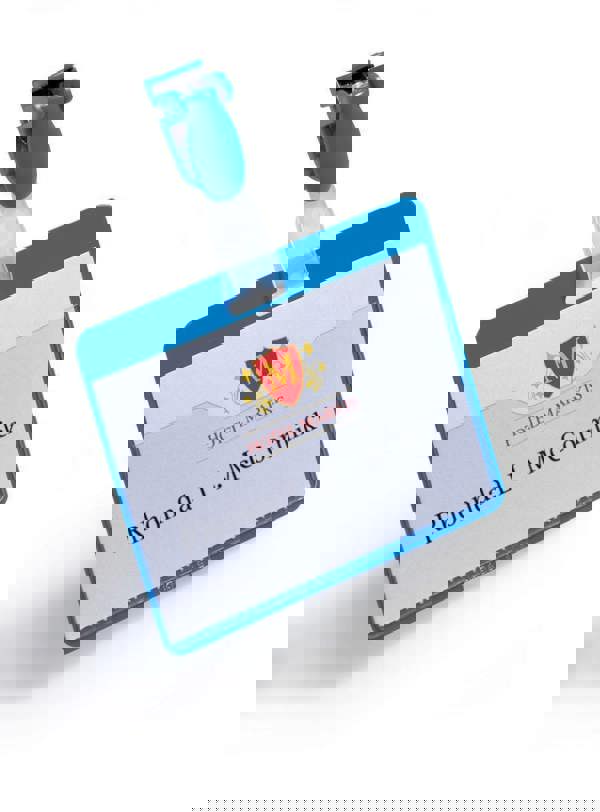 Durable Clip Name Tag ID Badge Card Holders + Inserts | 25 Pack | 54x90mm | Blue