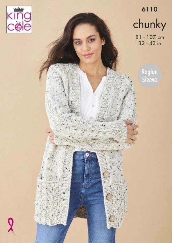 King Cole Chunky Tweed Knitting Pattern 6110, Cardigans, Sweaters for Women, 32 - 42 Inches