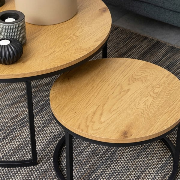 Furniture To Go Spiro Round Coffee Table Set with Oak Top & Black Legs
