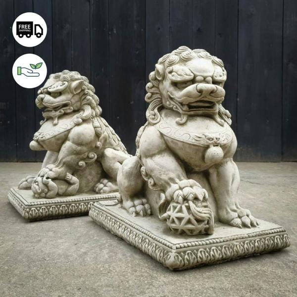 SPA Stone Cast Pair of Chinese Oriental Foo Dogs Outdoor Decor