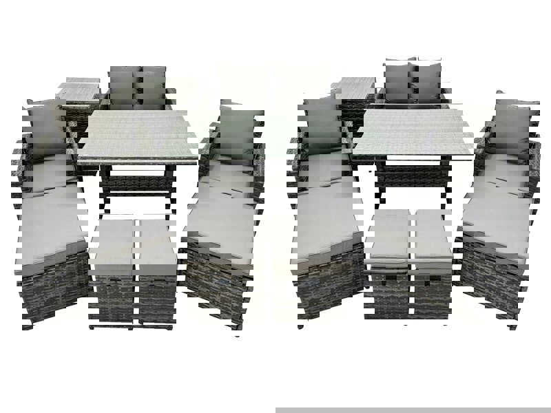 Fimous 8 Seater Rattan Furniture Set with Dining Table, Sofa, Side Table, 2 Chairs & 4 Stools - Dark Grey