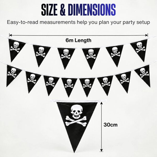 Shatchi 6m Pirate Bunting with Black Skull and Crossbones Pennants for Parties and Displays