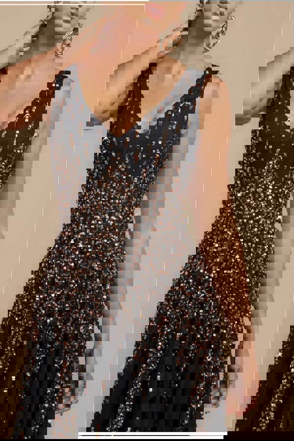 Sunray Hand Embellished Sequin A-Line Sleeveless Maxi Dress - Black DR2882