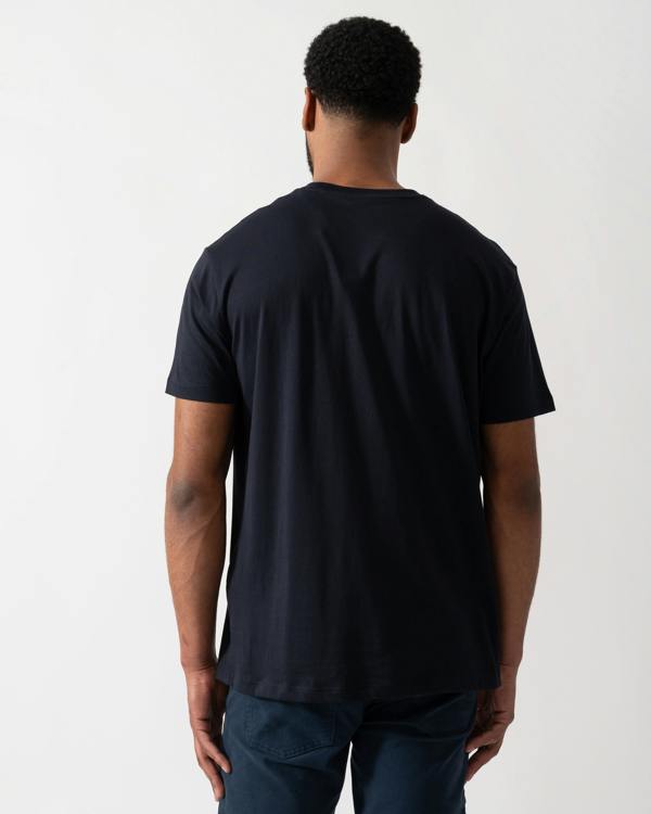 back shot of a model wearing an Armani Exchange Mens A|X Monogram T-Shirt in Deep Navy