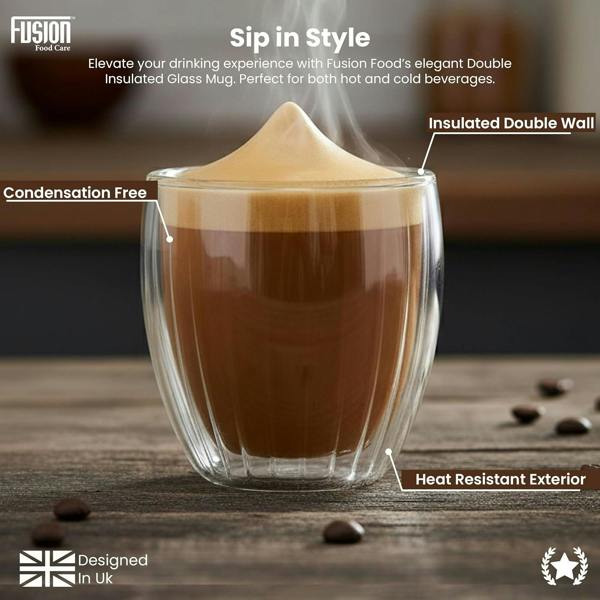 Fusion Food Care Double Walled Glass Coffee Mugs 2x350ml - Coffee Glass Cups for Hot & Cold Drinks - Striped Latte Mugs