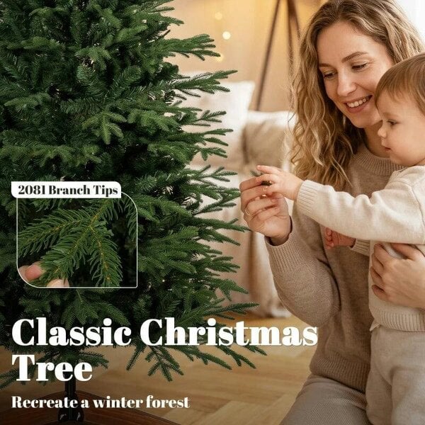 Bobobiy 180 cm Artificial Christmas Tree Full Hinged Xmas Tree Solid Pine Wood Stand, Green