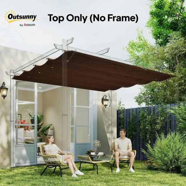 Outsunny brown retractable pergola roof shade top, mounted over a patio with support rails