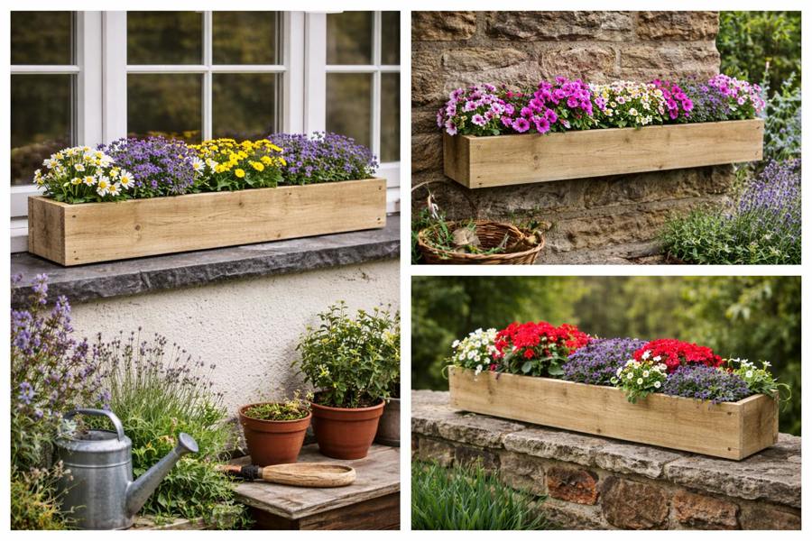 Rough sawn wooden window box planter filled with flowers on a garden windowsill