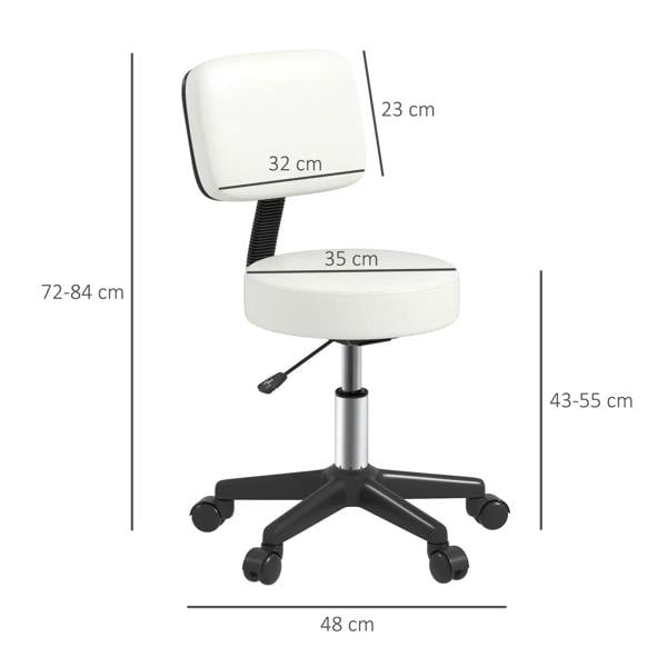 White salon swivel chair with padded seat and backrest, height-adjustable base, dimensions shown.