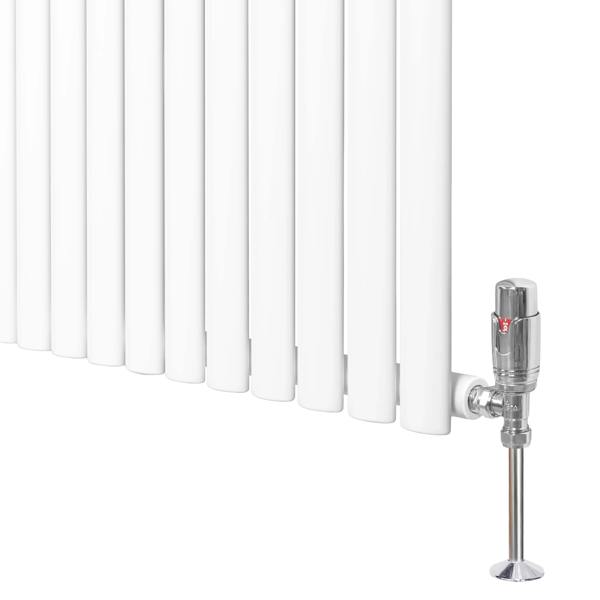 Sleek white oval single column radiator with polished chrome valve, measuring 600mm x 1200mm, showcasing modern design and clean lines