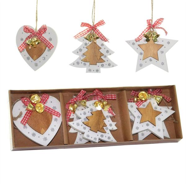 8x8cm Wooden Christmas Hanging Decorations Set of 6 with Ribbons, Bells and Mixed Shapes image 1