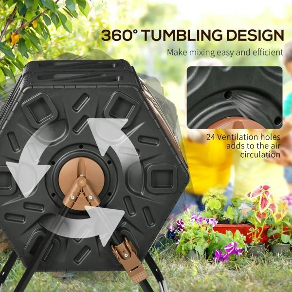 Dual-chamber composter with black molded housing and tan door panels, viewed from the side