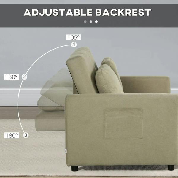 Light brown sofa bed with adjustable backrest, padded arms, and front seat cushion