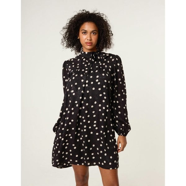 Blue Vanilla Polka Dot Tie Neck Smock Dress