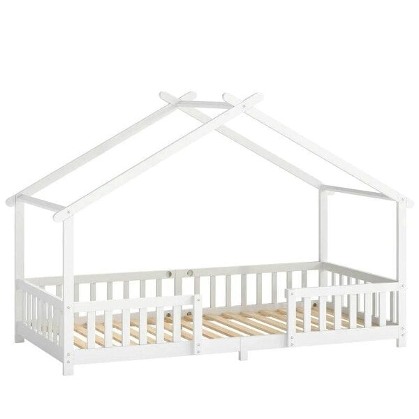 Wooden Kids House Single Bed Frame, Solid Pine Wood Toddler Bed with Dual Guardrails for Children, Boys, Girls, White