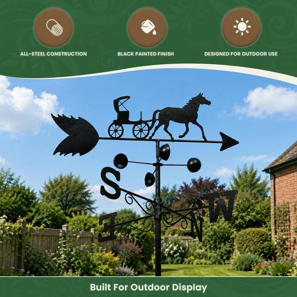 Horse & Carriage Weathervane – Outdoor Wind Direction Indicator with Speed Cups, Steel Construction, Wall Fixings & Ground Spike, 1.7m Tall