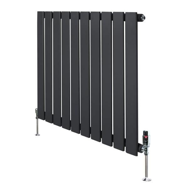 Flat single column radiator in anthracite grey, featuring sleek vertical panels and chrome valves, ideal for modern interiors
