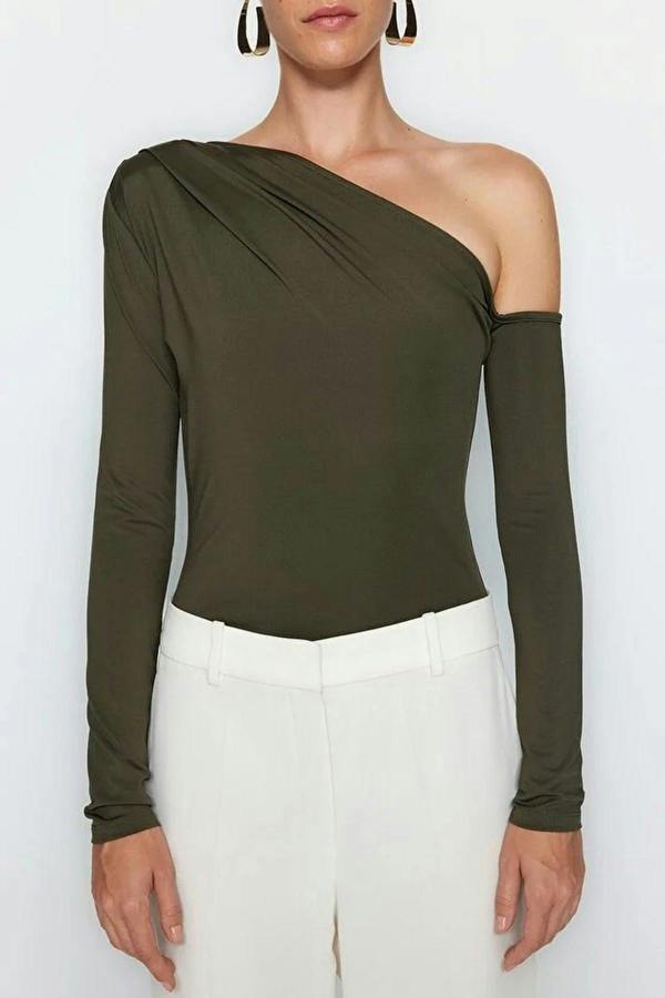 WOVCOR Asymmetrical Collar Long Sleeve Knit Bodysuit