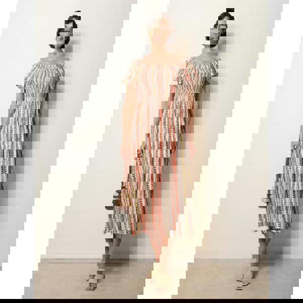 Blue Vanilla Short Sleeve Shirred Waist Abstract Print Dress