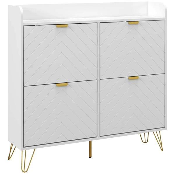 White narrow shoe storage cabinet with four flip drawers and chevron door panels
