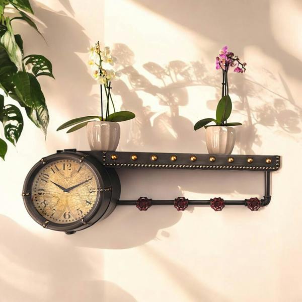 Timeless Grove – Olive Wood Shelf with Clock & Hooks