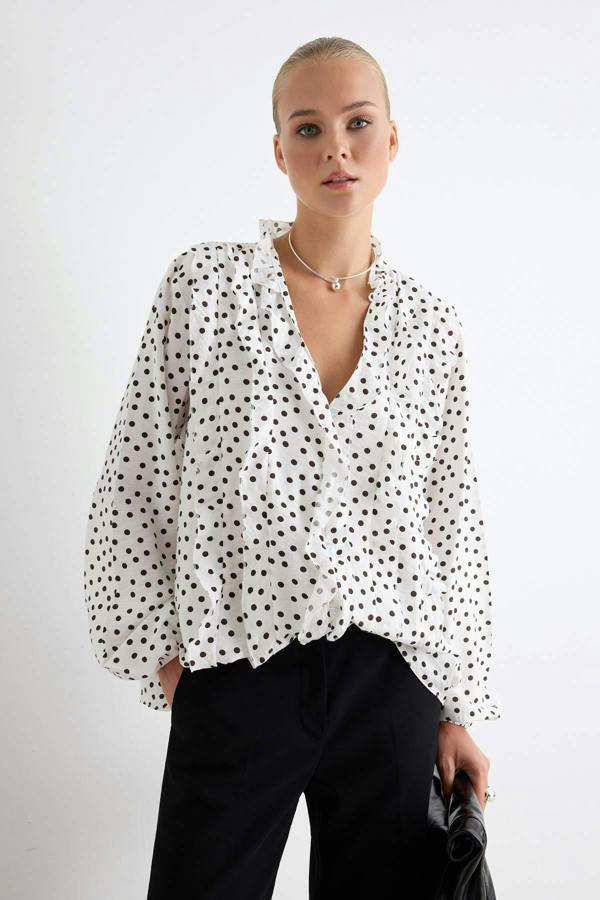 WOVCOR V Neck Long Sleeve Frill Detail Woven Shirt