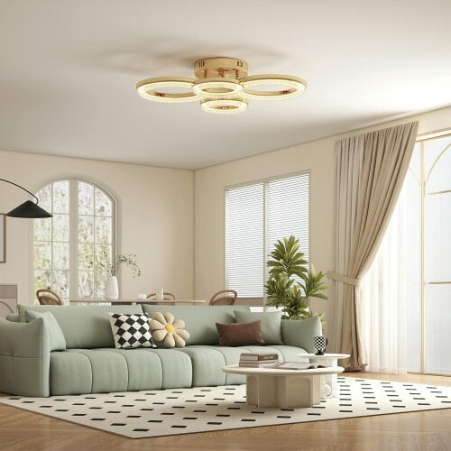 HOMCOM Modern 4-Ring Flush Mount Ceiling Light, LED Ceiling Light, Gold - 1 - Metal, plastic - Gold tone