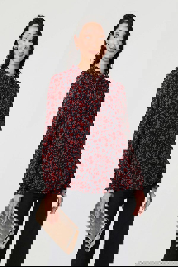 Navy | Printed Frilled Tie Neck Blouse
