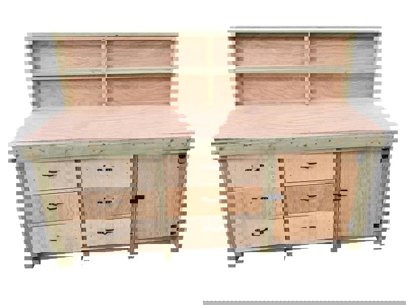 Arbor Garden Solutions Wooden Eucalyptus hardwood top workbench, cabinet with lockable cupboard (V.3) with back and double shelf