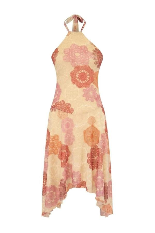 WOVCOR Shawl Pattern Skater Halter Neck Sleeveless Tulle Knit Dress