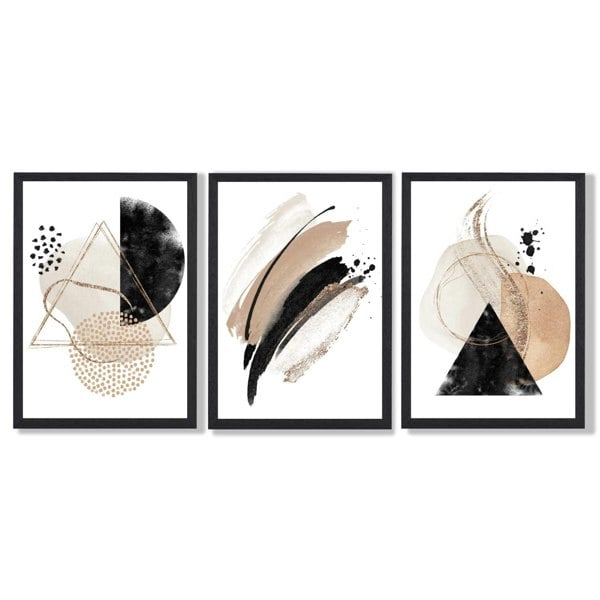 Artze Wall Art Abstract Black Beige Set of 3 Watercolour Shapes Framed Wall Art