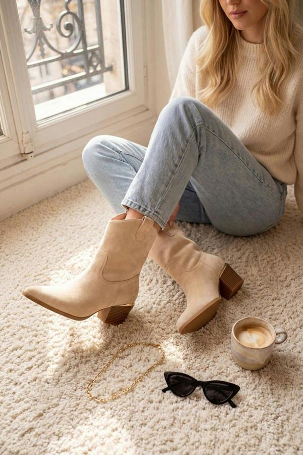 Jessie Womens Suede Western Ankle Boots - BEIGE