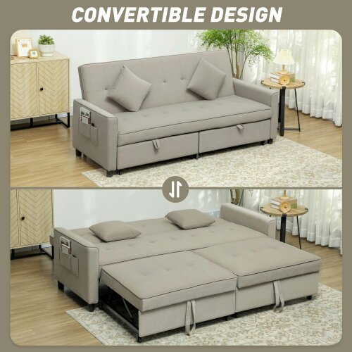 Wyld Haus Yokari Beige Upholstered 3 Seater Convertible Sofa Bed Tufted
