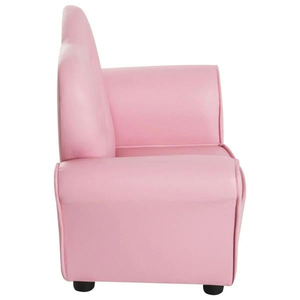 Pink kids armchair in side profile with padded seat and tall back