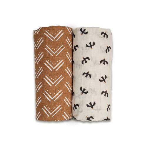 Lulujo - Cotton Swaddle - Black Bird & Mudcloth - 2 Pack