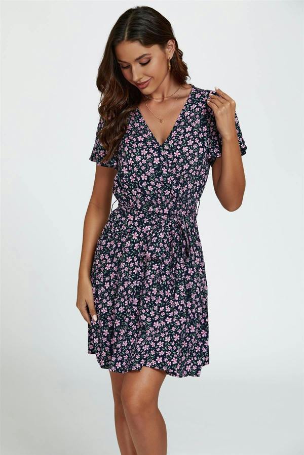 FS Collection Floral Print Hem Tiered Wrap Mini Dress In Navy