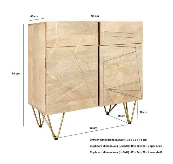 Wyld Haus Bali Light Natural Mango Wood and Gold Sideboard 2 Drawers 2 Doors 2 Shelves