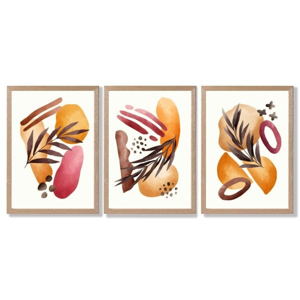 Abstract Autumn Tropical Set of 3 Framed Art Prints with Light Oak Frames