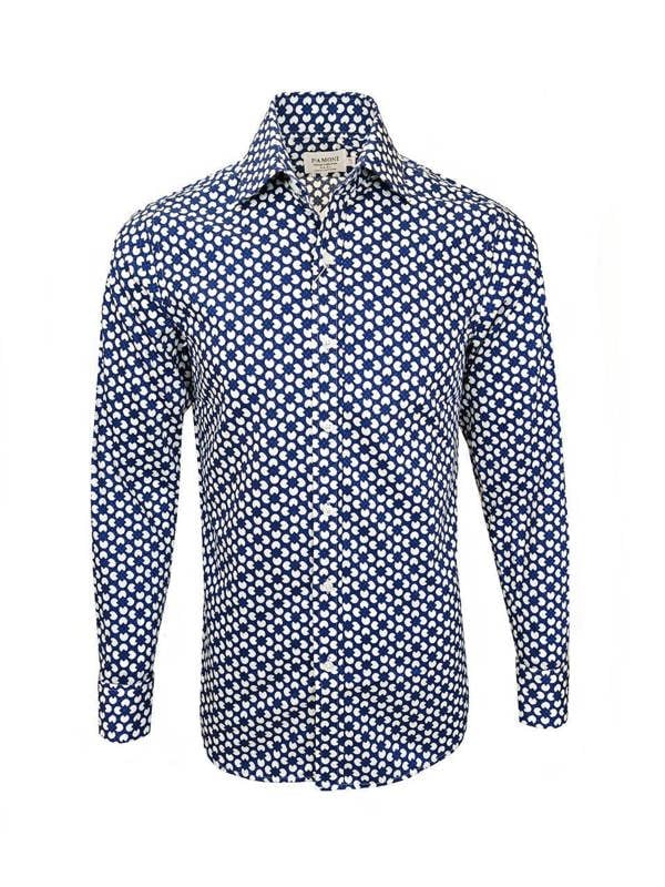 Blue and White Geometric Print Shirt