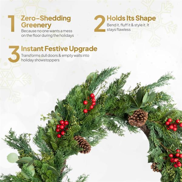 90cm Artificial Cedar Christmas Wreath with Red Berries and Pinecones, Green Seasonal Door Decor image 5