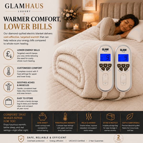 GlamHaus Prestige Electric Blanket King Size With 9 Body Settings, 9 Feet Settings, 9 Full Body Settings, 10 Timer Settings