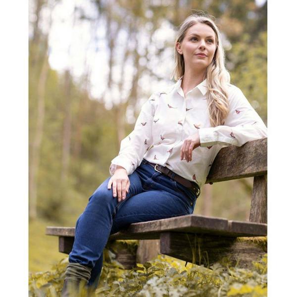 Woman wearing the Rydale Wistow Ladies Pheasant Printed Shirt outdoors, styled for country walks and everyday rural wear.