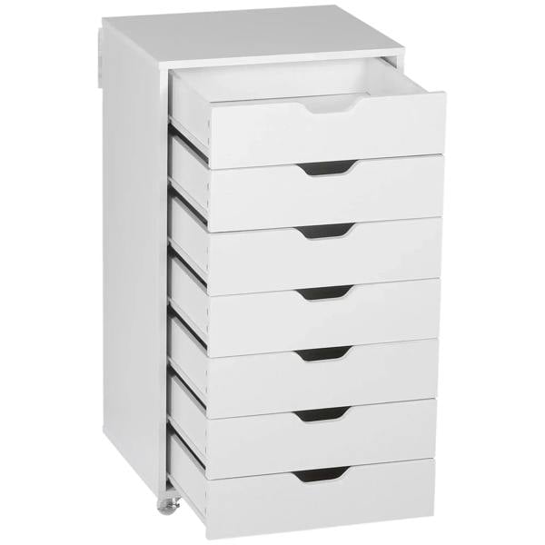 White seven-drawer filing cabinet shown from the side with open drawers