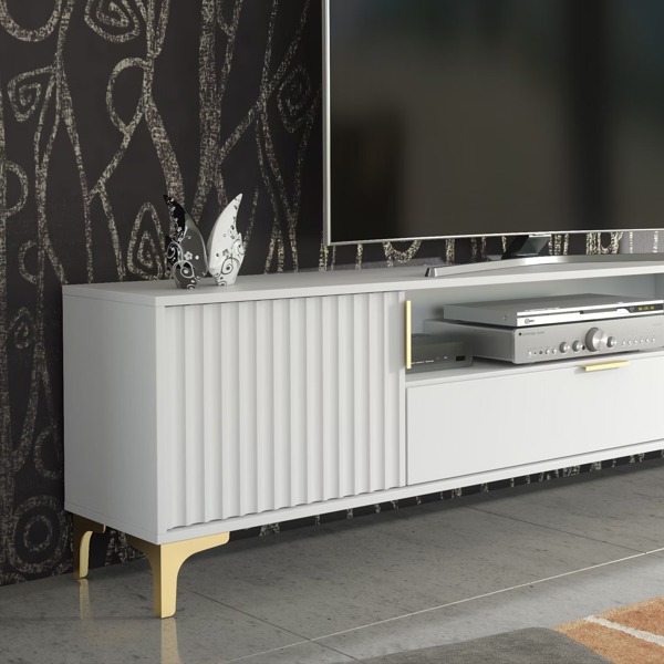 Mex Furniture Luxurious White TV Stand with Fluted Doors & Gold Accents – 200cm Media Console