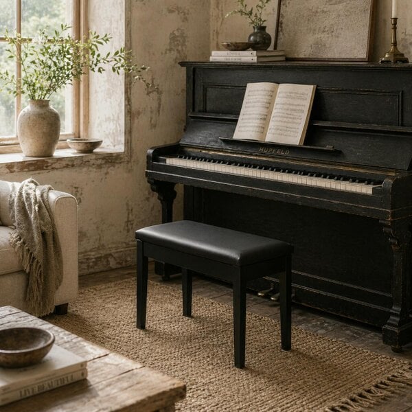 Wyld Haus Ziyo Faux Leather Black Piano Bench With Padded Seat And Storage Compartment