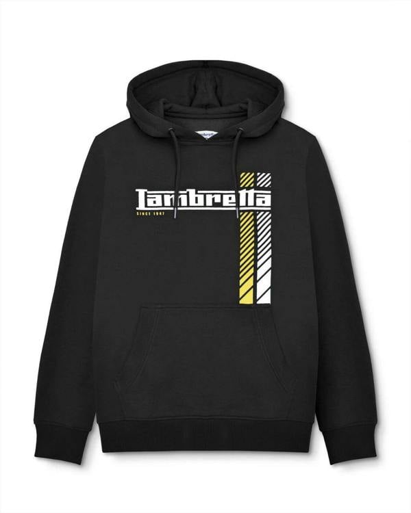Lambretta Mens Racing Stripe Pull Over Sweatshirt Hooded Hoodie, black hoodie with racing stripes and Lambretta logo.
