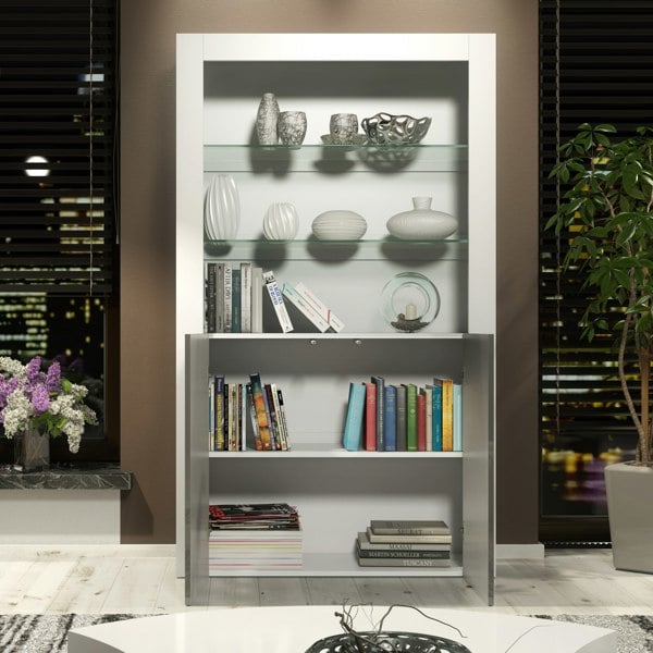 Mex Furniture Tall Display Cabinet 170cm White Matt Body and Grey Gloss Doors – Modern Open Shelving Unit